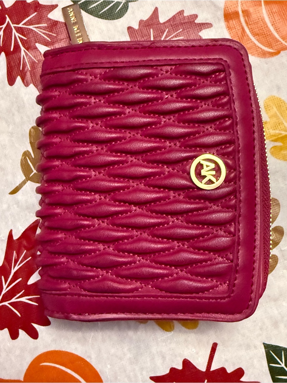 Anne Klein Quilted Zip Wallet in Deep Fuchsia with Gold Logo